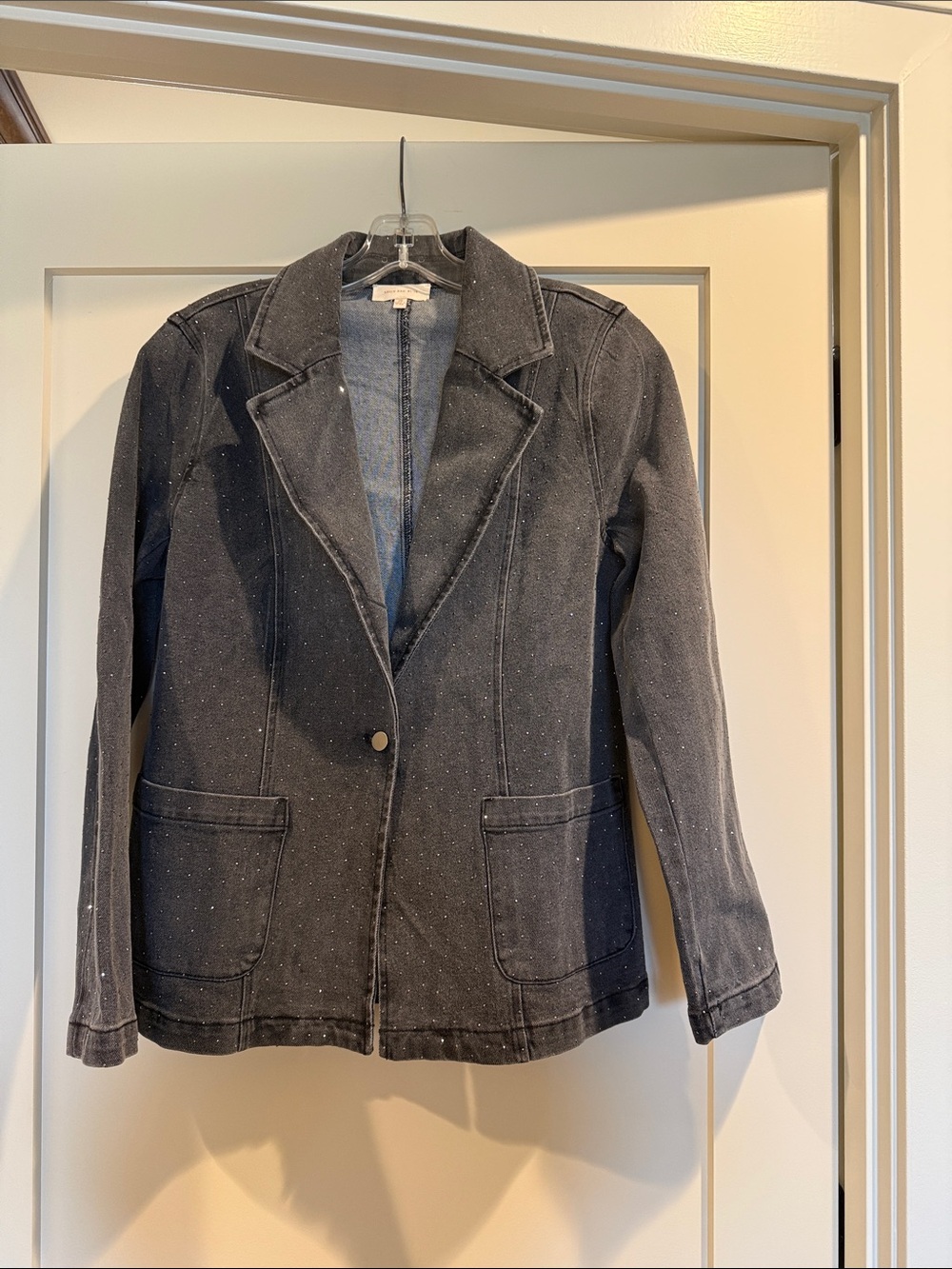 Skies are blue off black crystal studded denim blazer
